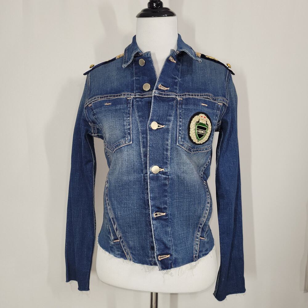 L'AGENCE Janelle Slim-Fit Embroidered Crest Military Denim Jacket Size Small